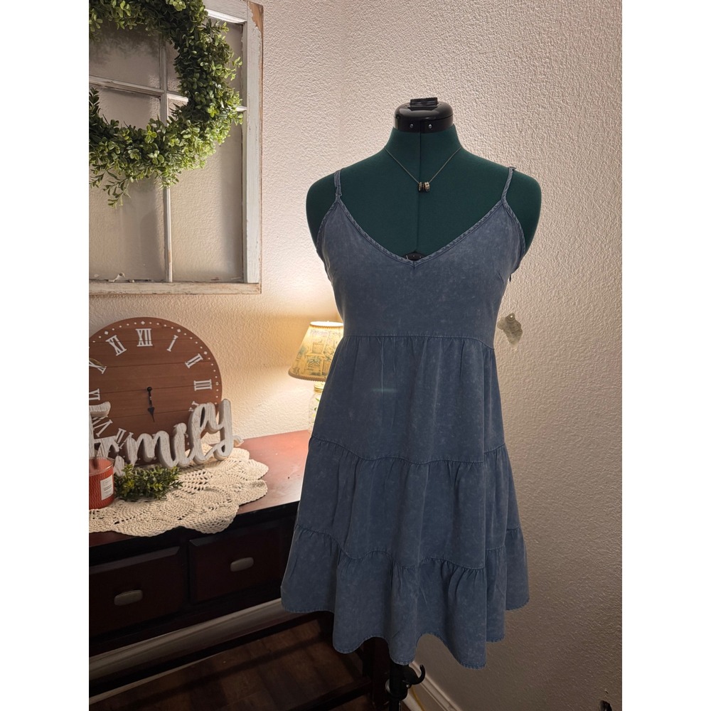 NWT Altar'd State Small Blue Washed Tiered Mini Dress 100% Rayon